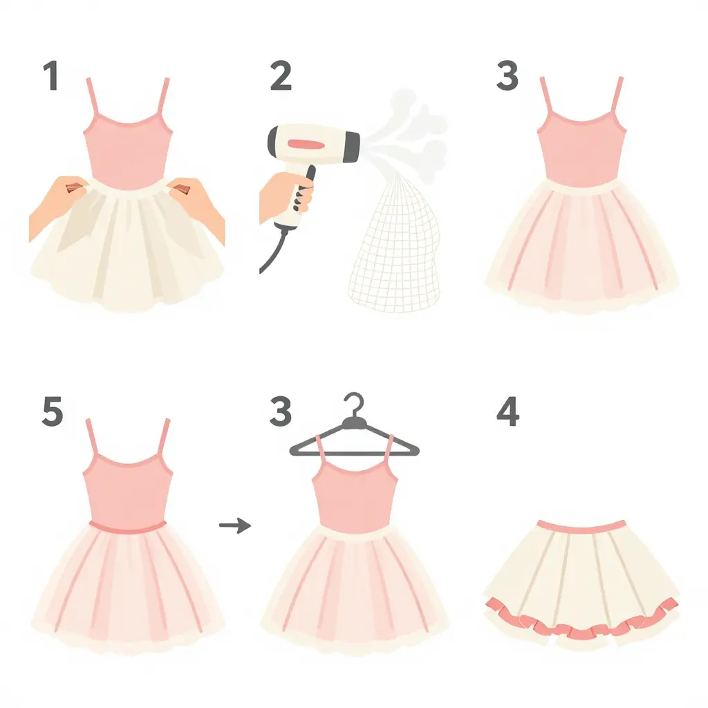 Infographic showing four re-steaming check steps for a tutu dress: inspecting tulle layers, steaming at a distance, air-cooling on a padded hanger, and a final waistband and ruffle check.
