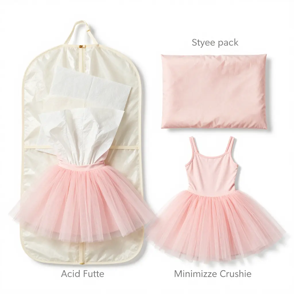 A pale pink tutu dress being packed into a breathable garment bag with tissue paper layered between the tulle folds