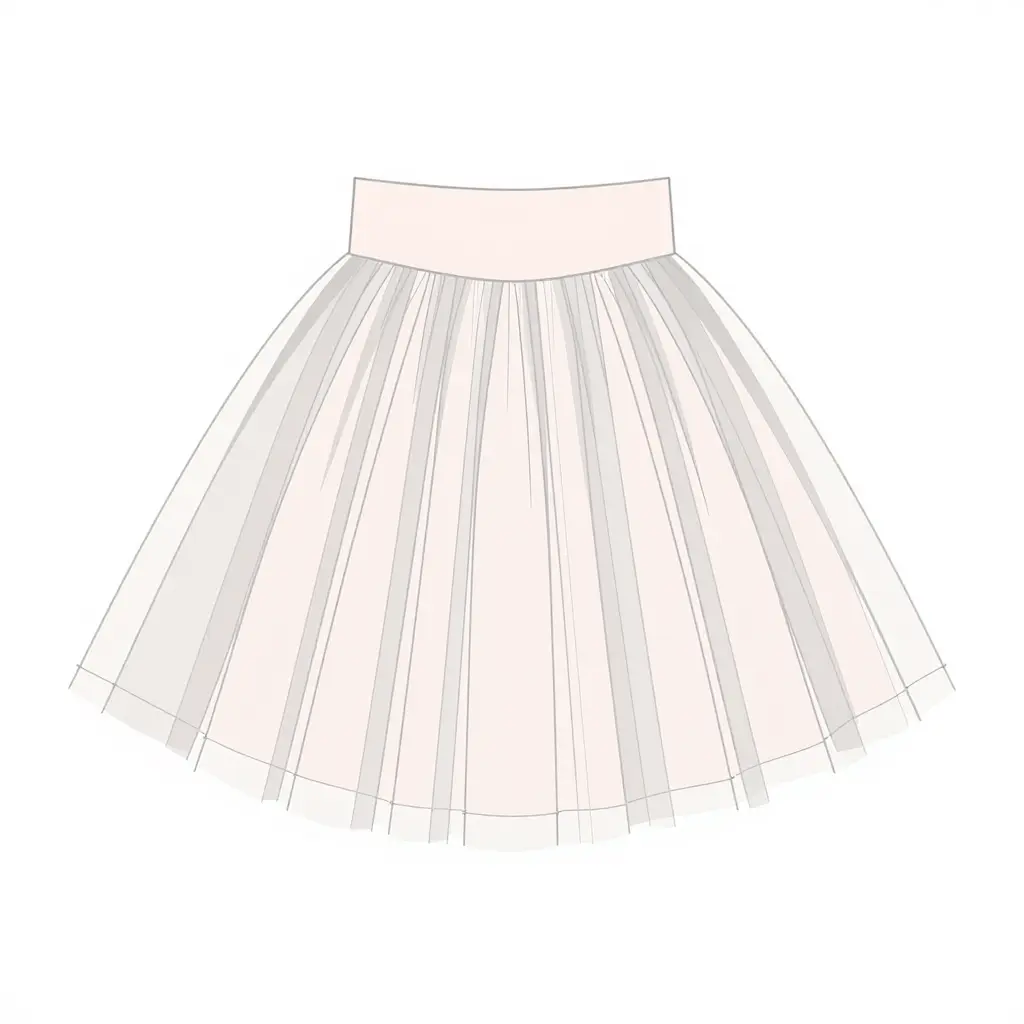 2D cross-section diagram of a tutu skirt showing the waistband at the top, a stack of fanned tulle layers in the middle, and an outer tacked layer with visible stitch points, drawn in clean minimal geometric lines.