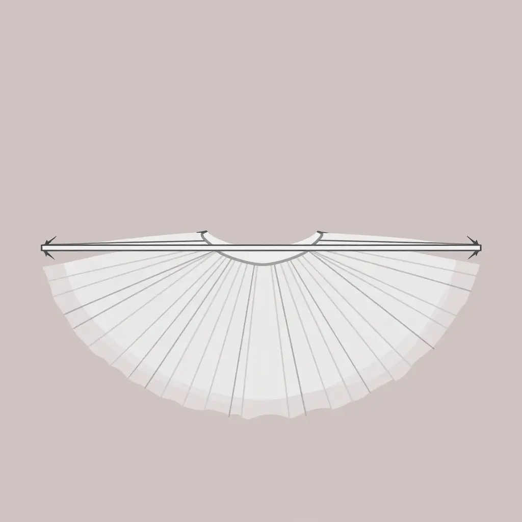 Flat 2D schematic showing how tulle layers attach to the tutu plate, with downward arrows marking tension and the point where sag begins.