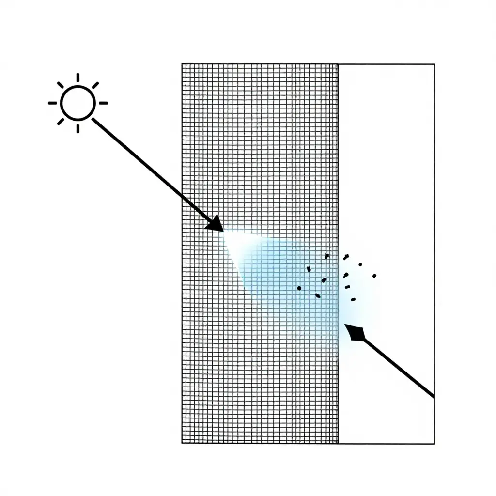 Flat 2D schematic showing a light source emitting an incoming ray that meets a black tulle mesh against a backdrop, with one portion absorbed by the mesh, a specular highlight bouncing off a fibre surface, a fan of diffuse reflection, and a transmitted ray reaching the backdrop.