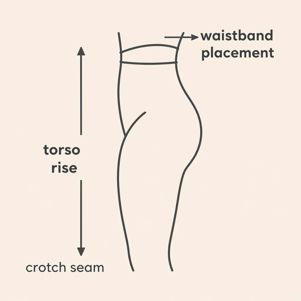 Diagram measuring torso rise on ballet tights, showing the distance from the crotch seam to the waistband