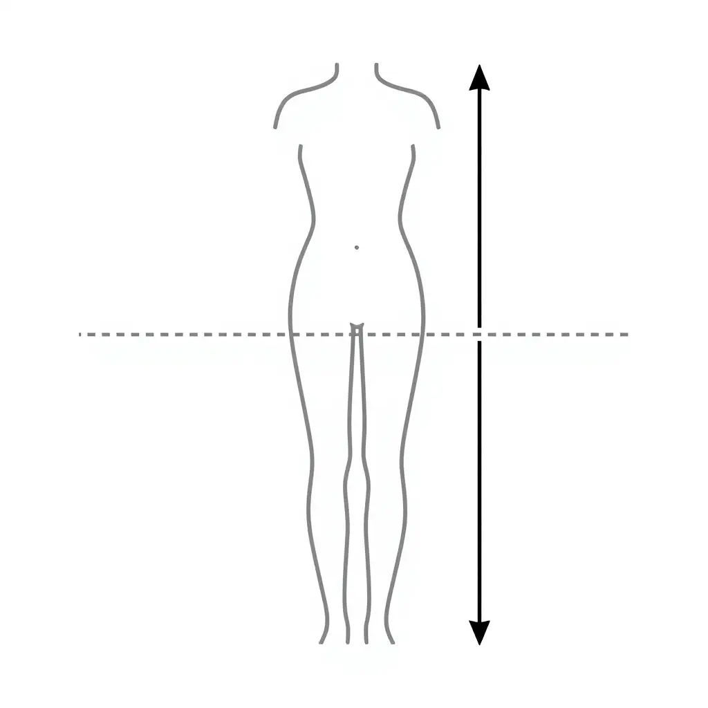Schematic line diagram of a stylized torso-and-legs silhouette showing torso rise on tights: dashed guide lines at the natural waist, the crotch point, and the garment hem, with a short vertical double-headed arrow marking the rise distance between the crotch and waist, and a separate longer vertical double-headed arrow marking leg length down to the ankle.