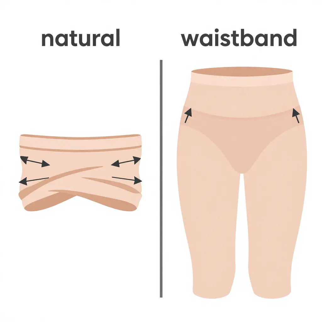 Side-by-side infographic comparing a narrow elastic waistband that concentrates pressure and rolls over with a wide elastic band that distributes tension evenly for stable grip